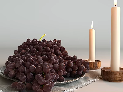 Bunch of Fresh Purple Grapes on Silver Plate with Lace Tablecloth and Lit Candles 3d model