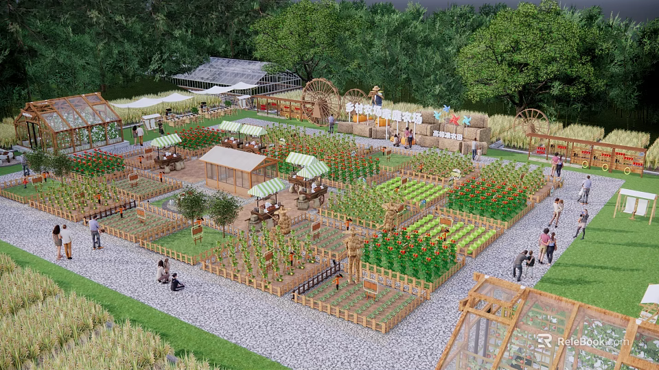 Picturesque Rural Landscape With Organized Vegetable Gardens Wooden Cabins Windmill And People Visiting 3d model 