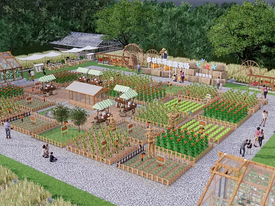 Picturesque Rural Landscape With Organized Vegetable Gardens Wooden Cabins Windmill And People Visiting 3d model