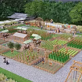 Picturesque Rural Landscape With Organized Vegetable Gardens Wooden Cabins Windmill And People Visiting