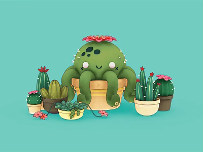 Cartoon Octopus Shaped Cactus With Red Flowers And Small Potted Plants On Light Blue Background 3d model