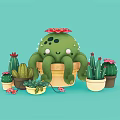 Cartoon Octopus Shaped Cactus With Red Flowers And Small Potted Plants On Light Blue Background