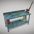 Blue Workbench with Shelf Red Gas Cylinder Yellow Tool Green Items and Tools