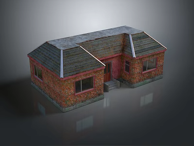 Cartoon Style House Scene with Red Brick Exterior Gray Roof Windows Door and Steps 3d model
