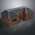 Cartoon Style House Scene with Red Brick Exterior Gray Roof Windows Door and Steps