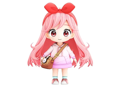 Cute Young Girl with Long Pink Hair Red Bow and Brown Crossbody Bag 3d model
