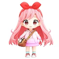 Cute Young Girl with Long Pink Hair Red Bow and Brown Crossbody Bag