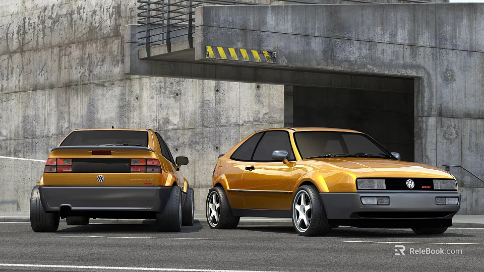 Two Yellow Classic Cars Parked Near Concrete Tunnel Entrance With Stairs 3d model 