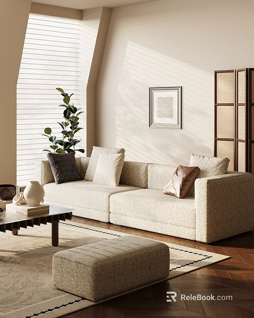 Beige Sectional Sofa With Decorative Pillows In Sunlit Living Room Coffee Table And Potted Plant 3d model 