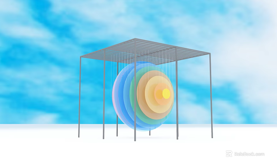Colorful Concentric Discs In Metal Frame Structure Against Blue Sky Background 3d model 