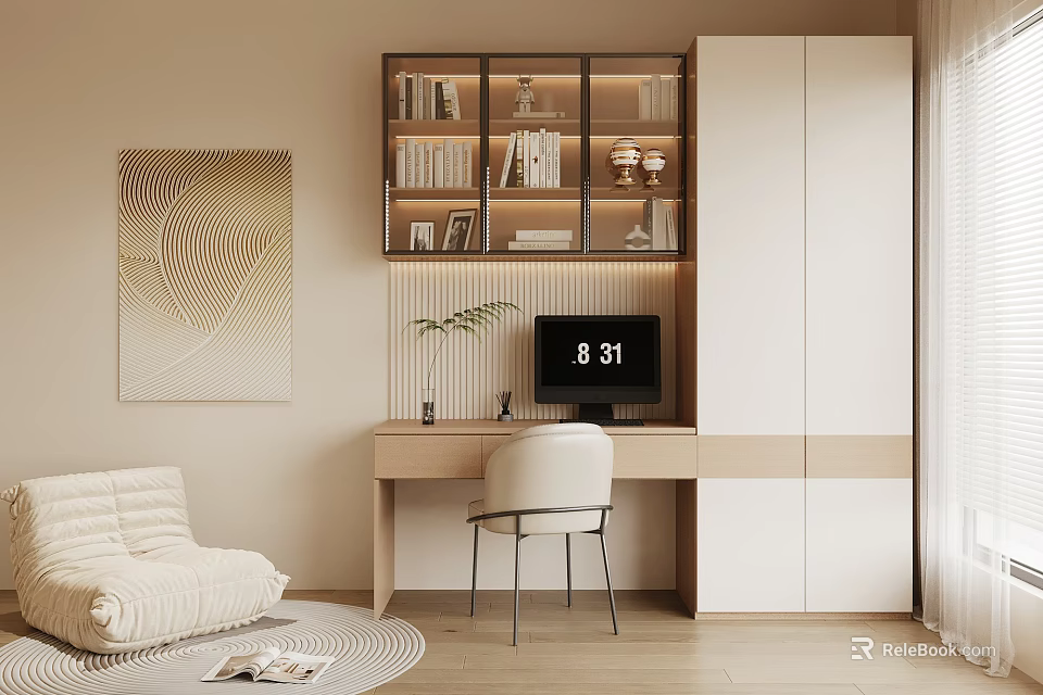 Modern Home Office Desk Setup With Computer Bookshelf Decorative Items And Abstract Artwork 3d model 
