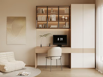 Modern Home Office Desk Setup With Computer Bookshelf Decorative Items And Abstract Artwork 3d model