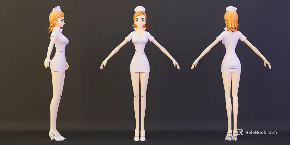 3D Anime Game Character With Orange Hair In White Nurse Uniform And High Heels 3d model 