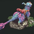 Vibrant Feathered Fantasy Creature With Red Backpack Standing On Rocky Ground And Green Plants
