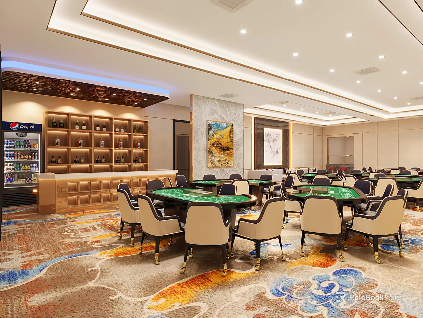 Luxury Mahjong Hall Interior With Multiple Tables Chairs Wine Cabinet Decorative Paintings And Patterned Carpet 3d model 