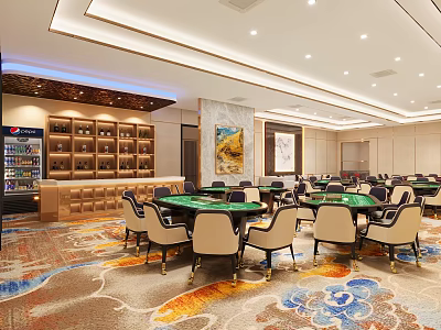Luxury Mahjong Hall Interior With Multiple Tables Chairs Wine Cabinet Decorative Paintings And Patterned Carpet 3d model