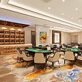 Luxury Mahjong Hall Interior With Multiple Tables Chairs Wine Cabinet Decorative Paintings And Patterned Carpet