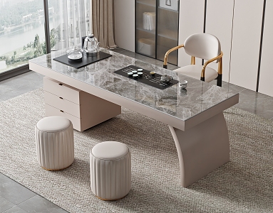 Modern Tea Table and Chair Combination Marble Tea Table Rock Board Tea Table Metal Chair Sofa Stool Tea Set Bookcase Kettle 3d model