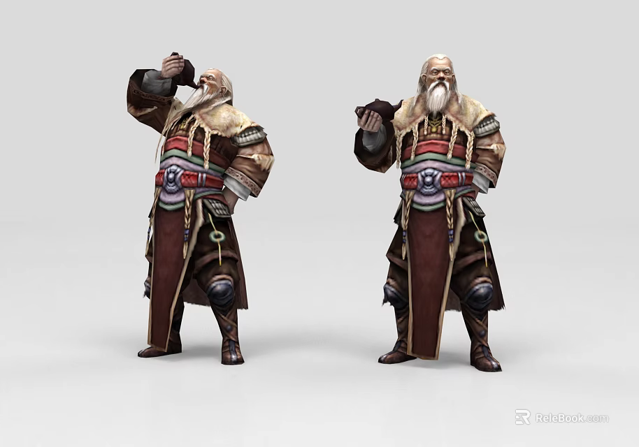 Game Movie Elderly Male Characters in Traditional Robes Beard Decorative Belts Armor And Different Poses 3d model 