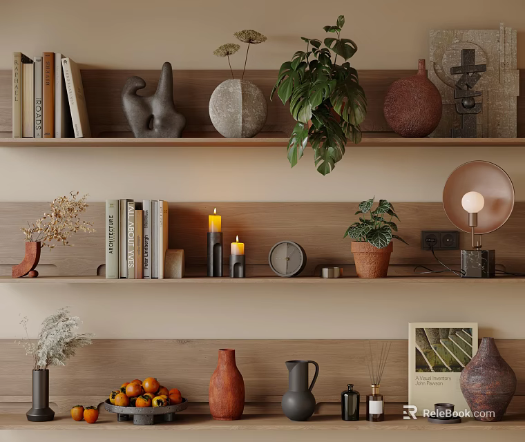Stylish Decorative Ornament Combination With Books Sculptures Vases Green Plants Candles And Clock On Shelves 3d model 
