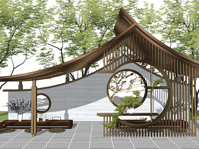 Traditional Wooden Pergola Design With Circular Windows Stone Flooring And Green Plants 3d model