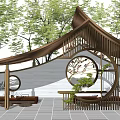 Traditional Wooden Pergola Design With Circular Windows Stone Flooring And Green Plants
