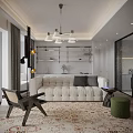 Modern Dining and Living Area Interior with Open Concept Table Chairs Pendant Light and Cabinets