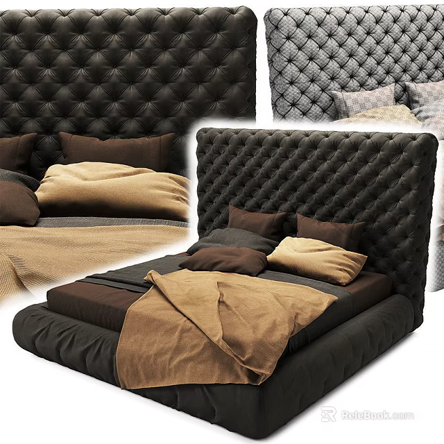 Luxurious Modern Double Bed With Tufted Headboard And Brown Bedding 3d model 