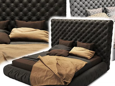 Luxurious Modern Double Bed With Tufted Headboard And Brown Bedding 3d model