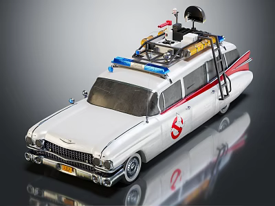 White Ghostbusters Car With Roof Equipment Lights Antenna And Red Stripes 3d model