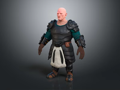 Bald Male Warrior Character Wearing Black Armor With Green Tunic And White Waist Apron 3d model