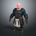 Bald Male Warrior Character Wearing Black Armor With Green Tunic And White Waist Apron