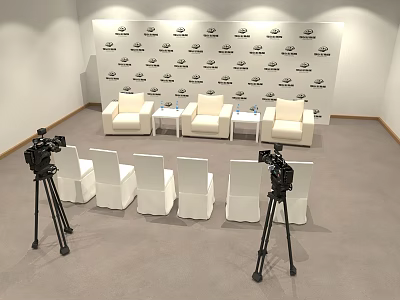 Public Office Space Featuring Logo Background Wall White Sofas Coffee Tables And Camera Tripods 3d model