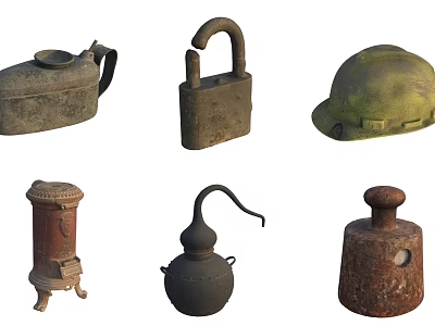 Vintage Hardware Tools Collection Including Padlock Safety Helmet Stove Oil Can And Anvil 3d model