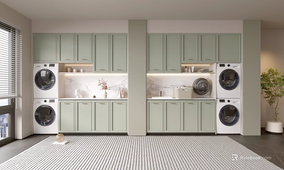 Modern Laundry Room Design Featuring Light Green Cabinets Stacked Washers Dryers And White Countertops 3d model 