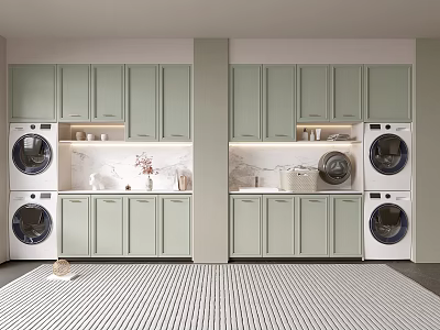 Modern Laundry Room Design Featuring Light Green Cabinets Stacked Washers Dryers And White Countertops 3d model