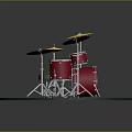Colorful Musical Drum Set With Red Shells Yellow Cymbals And Metal Stands On Blue Platform