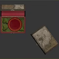 Wooden Decorative Storage Boxes With Red Lined Interior Red Plate Green Items And Patterned Surface 3d model