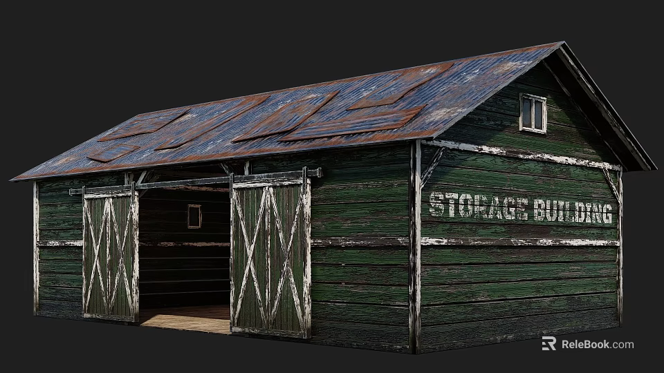 Weathered Green Storage Building with Rusted Metal Roof and Wooden Doors with Crossed Slats 3d model 
