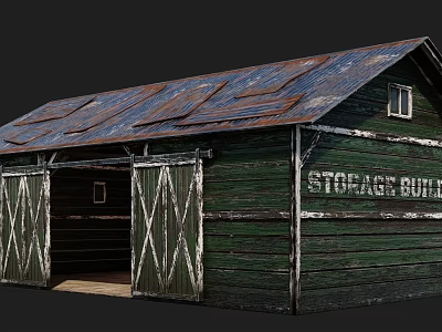 Weathered Green Storage Building with Rusted Metal Roof and Wooden Doors with Crossed Slats 3d model