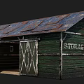 Weathered Green Storage Building with Rusted Metal Roof and Wooden Doors with Crossed Slats
