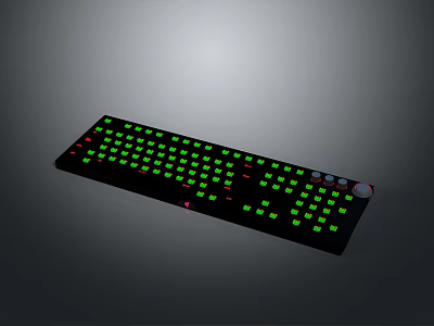Black Computer Keyboard With Green Backlit Keys And Red Accent Details 3d model