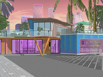 Modern Container Library Building With Colorful Exterior Large Glass Windows Palm Trees Urban Backdrop 3d model