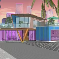 Modern Container Library Building With Colorful Exterior Large Glass Windows Palm Trees Urban Backdrop
