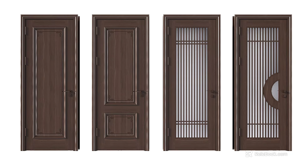 Dark Wooden Hinged Doors With Various Panel And Grille Designs 3d model
