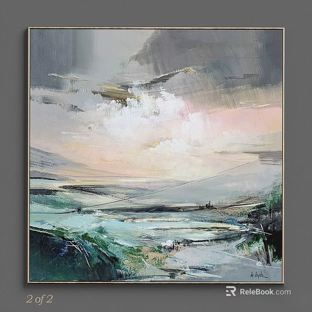 Abstract Landscape Painting With Brushstroke Sky Clouds Mountains And Water 3d model 
