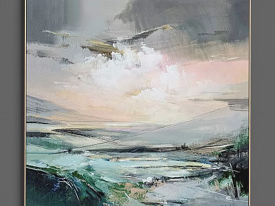Abstract Landscape Painting With Brushstroke Sky Clouds Mountains And Water 3d model