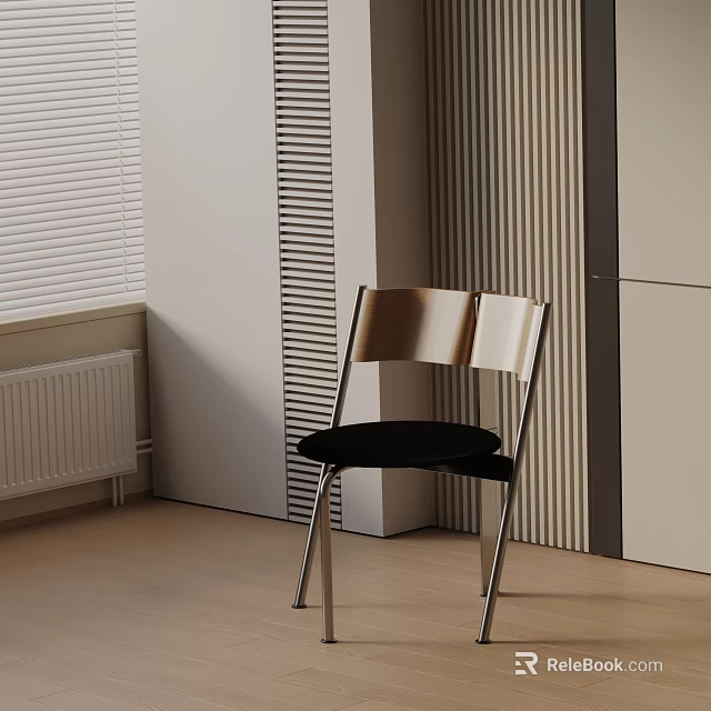 Modern Leisure Chair With Wooden Backrest Black Cushion Metal Frame In Modern Interior Near Window Blinds 3d model 