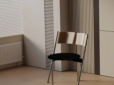 Modern Leisure Chair With Wooden Backrest Black Cushion Metal Frame In Modern Interior Near Window Blinds 3d model