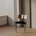 Modern Leisure Chair With Wooden Backrest Black Cushion Metal Frame In Modern Interior Near Window Blinds